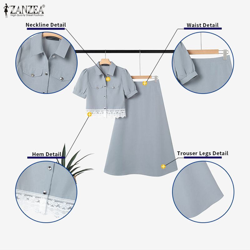 Zanzea ชุดเสื้อและกระโปรงสำหรับผู้หญิงสไตล์เกาหลี แขนสั้น คอปก พร้อมลายลูกไม้และยางยืด — صورة 7