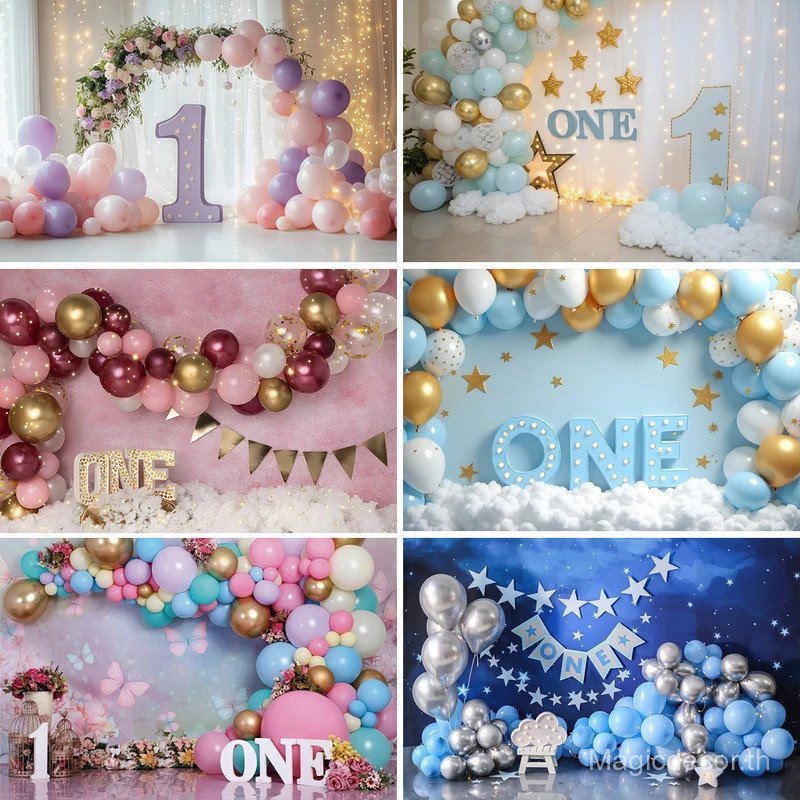 เด็ก ONE วันเกิดการถ่ายภาพพื้นหลังบอลลูนที่มีสีสัน Soft Clouds Dreamy Decor Baby Shower เด็กผู้หญิงภ
