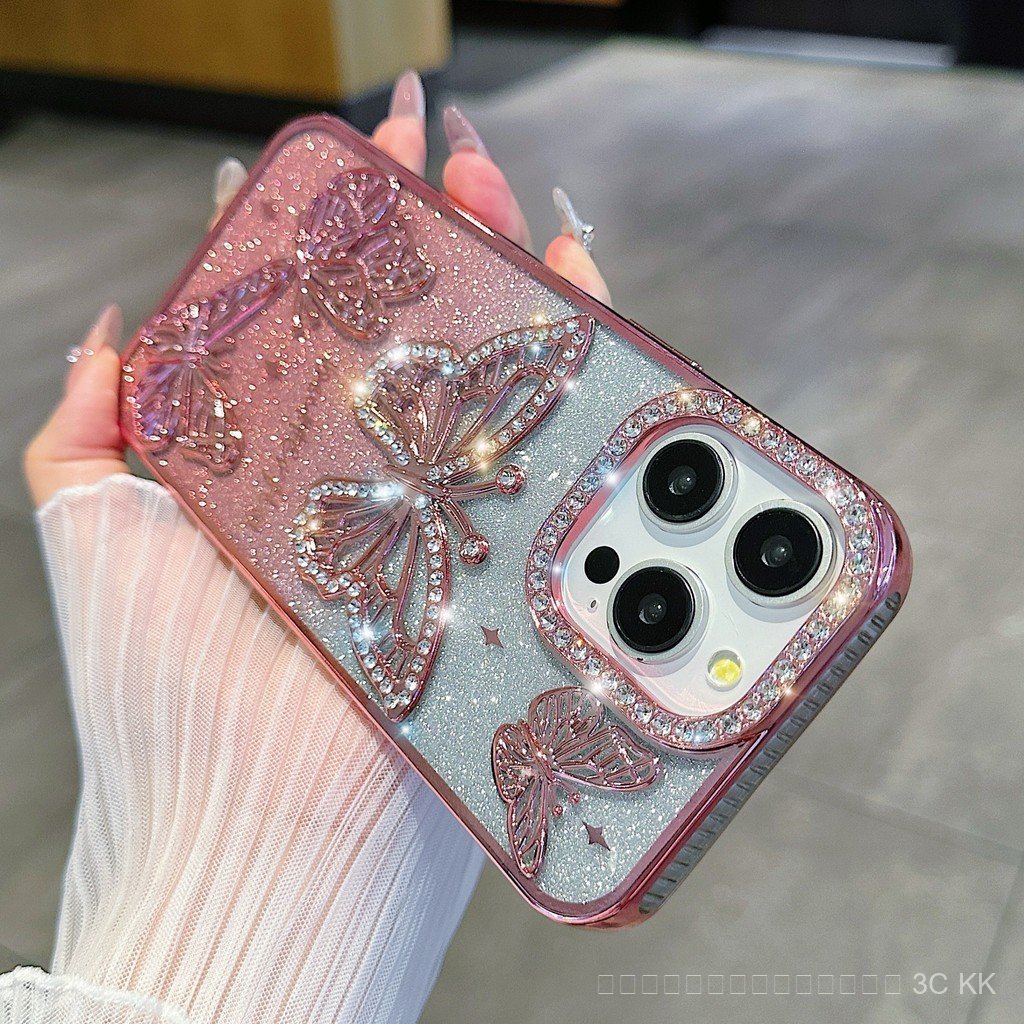 กันกระแทก iPhone ลายผีเสื้อปะดับคริสตัลทรงนูน พื้นผิวสีเงินแวววาว สำหรับ 17/15/14/13 Pro Max/Plus