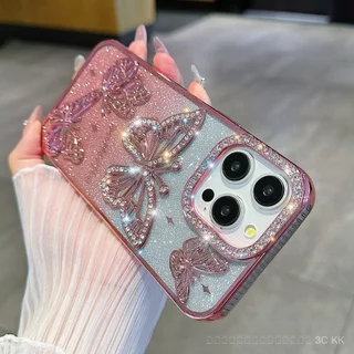 กันกระแทก iPhone ลายผีเสื้อปะดับคริสตัลทรงนูน พื้นผิวสีเงินแวววาว สำหรับ 17/15/14/13 Pro Max/Plus
