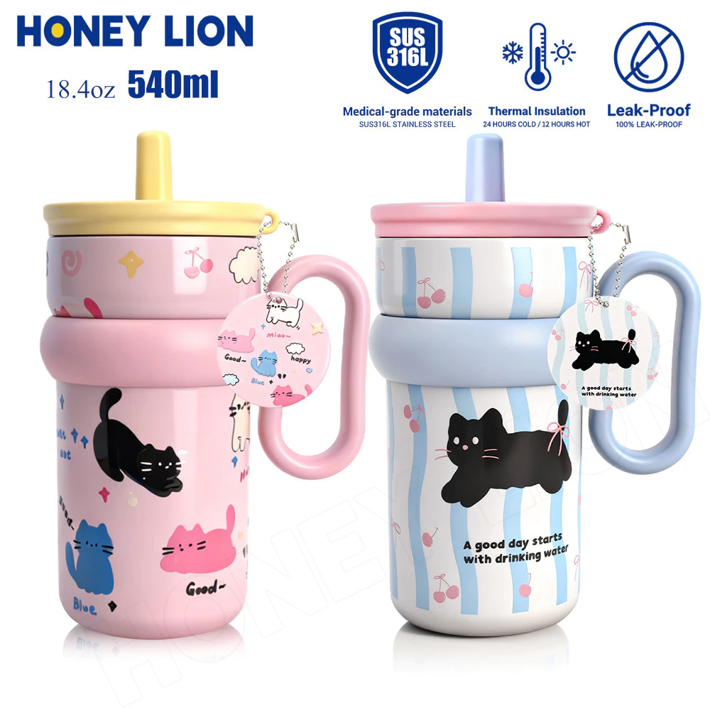 HoneyLion กระติกน้ำเครื่องดูดฝุ่น540ml เก็บความเย็น 12ชม. กันรั่ว 360° - สแตนเลส 316 2 วิธีดื่ม มี charm แมวน่ารัก ใช้ในรถ