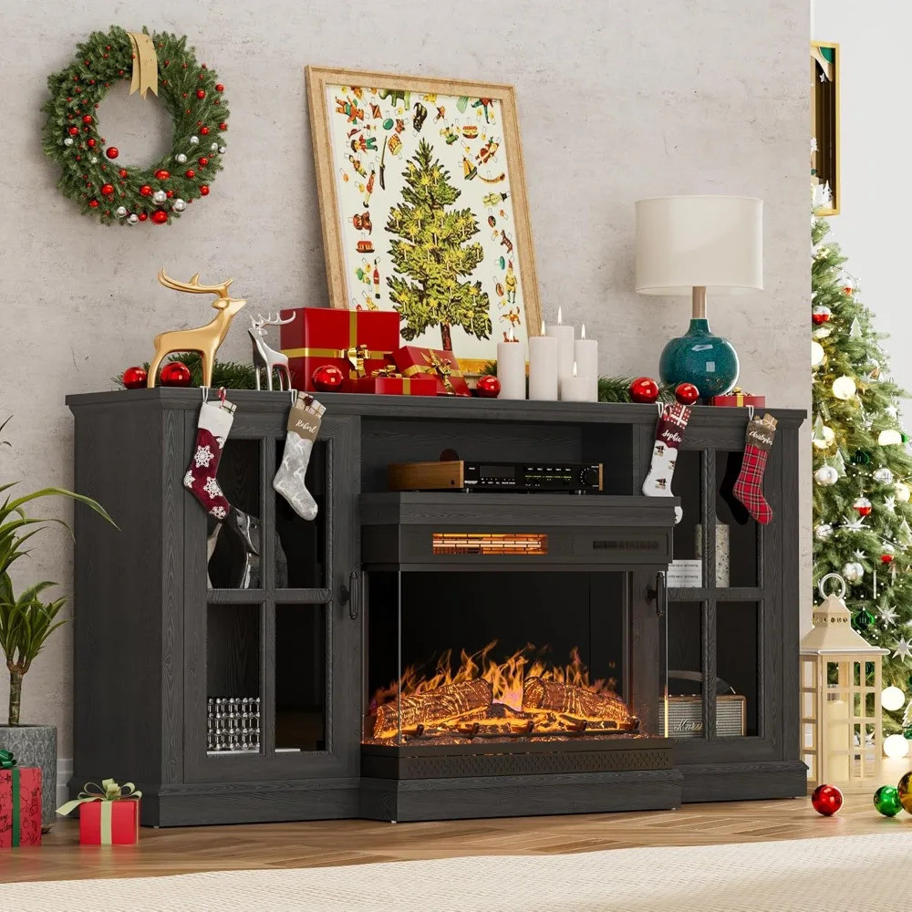 Hot Deal Glass Fireplace Tv Stand สําหรับโทรทัศน์สูงสุด 65, Media Entertainment Center Console Table