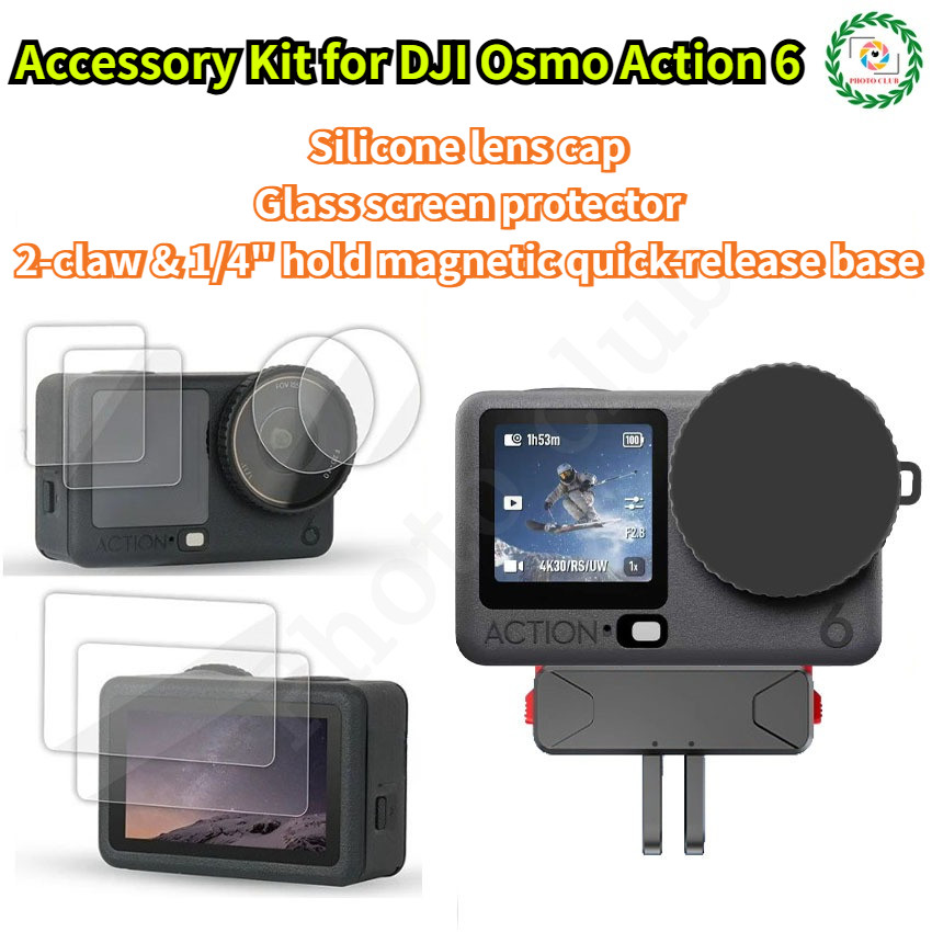 สําหรับ DJI Osmo Action 6 กระจกนิรภัยป้องกันหน้าจอซิลิโคนฝาครอบเลนส์ฟิล์มป้องกันแม่เหล็ก Quick-Release ฐาน