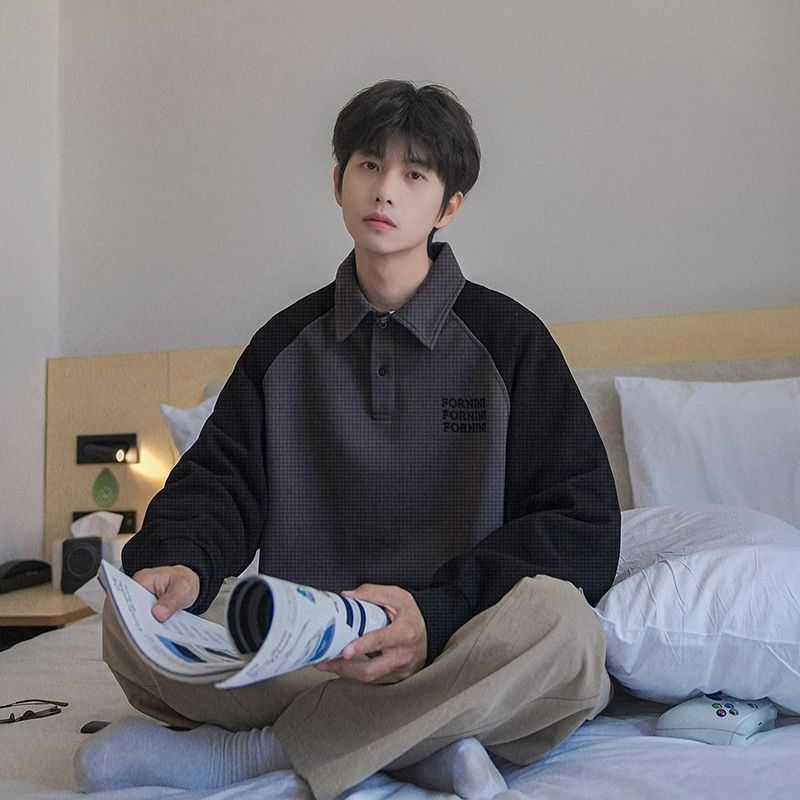 เสื้อโปโลแขนยาวสำหรับผู้ชาย แบบ Heavy Waffle Raglan Sleeve ในสไตล์ streetwear อเมริกัน เหมาะสำหรับฤด