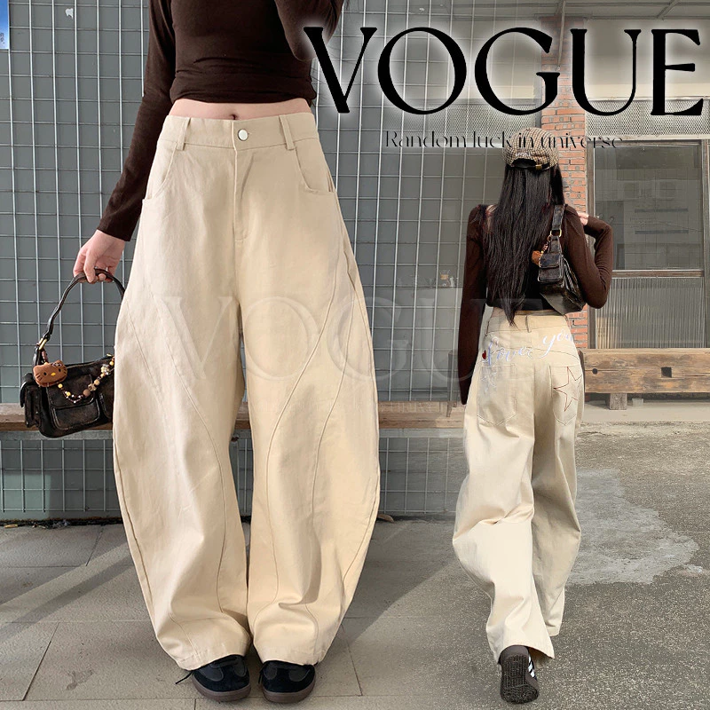 Vogue🌟พร้อมส่ง🌟 กางเกงเอวสูงขายาว ทรงกระบอก สีครีมดีเทลแต่งลายดาว (NZ9093)