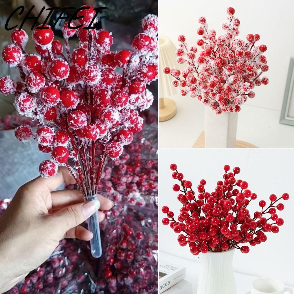 CHIFEI 10 ชิ้น Red Berries สาขา, สีแดงกับ Frost Christmas Berry สาขา, การจัดดอกไม้งานแต่งงานเครื่องป