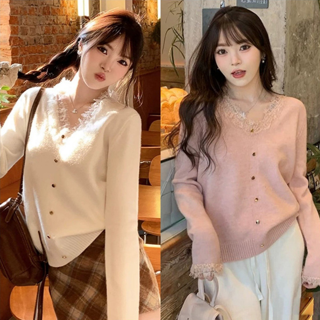 💘EElla💘เสื้อแขนยาวไหมพรมคอวี แต่งลูกไม้สีพาสเทล เสื้อแฟชั่น ผ้านุ่นนิ่มเกาหลีสไตล์ พร้อมจัดส่ง