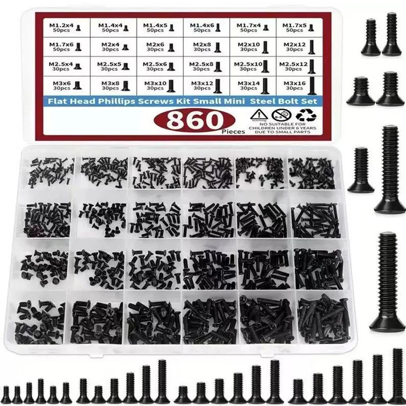 860 PCs small computer screws assortment kit, Black tiny eyeglass screws M1.2 M1.4 M1.7 M2 M2.5 M3, 