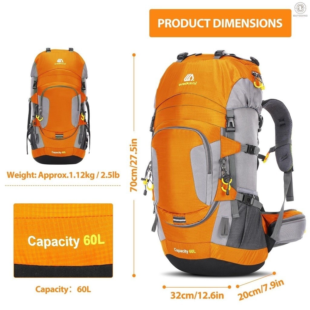 60L Waterproof Hiking Backpack Camping Mountain Climbing Cycling Backpack Outdoor Sport Bag with Rai