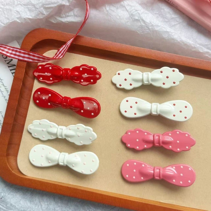 ชุดหลายชิ้นสไตล์เกาหลี Simple Polka Dot กิ๊บติดผมโบว์สีชมพู สำหรับฤดูใบไม้ร่วงและหนาว พร้อมคลิปผมด้านข้าง