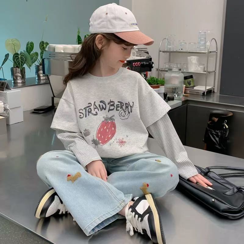 เสื้อยืดแขนยาวฤดูใบไม้ร่วง ลายทอสีปลอม สำหรับผู้ใหญ่และเด็ก