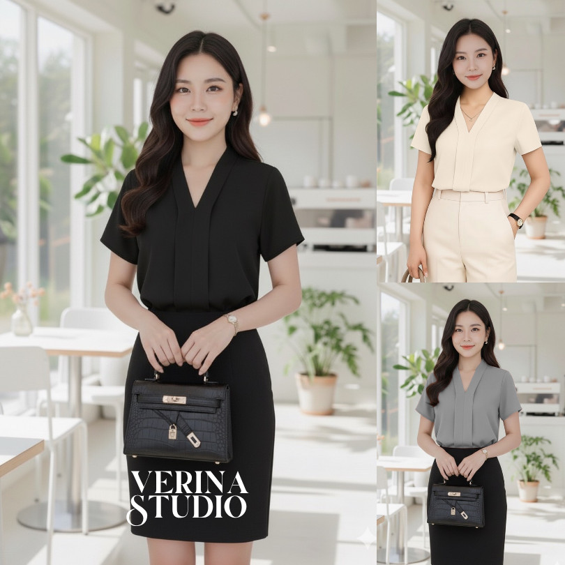 B01 เสื้อแขนสั้นคอวี แต่งปกขอบคู่ ผ้านิ่มใส่สบาย M-XL อก 32-40” ใส่ทำงานสวยมาก ใส่สูททับได้ พร้อมส่ง