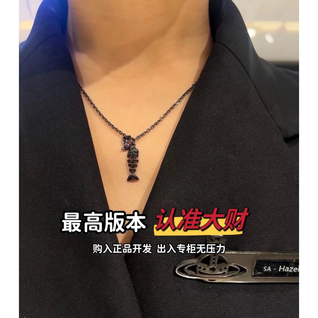 214719[Saturn Black Fish Bone Full Diamond Necklace]