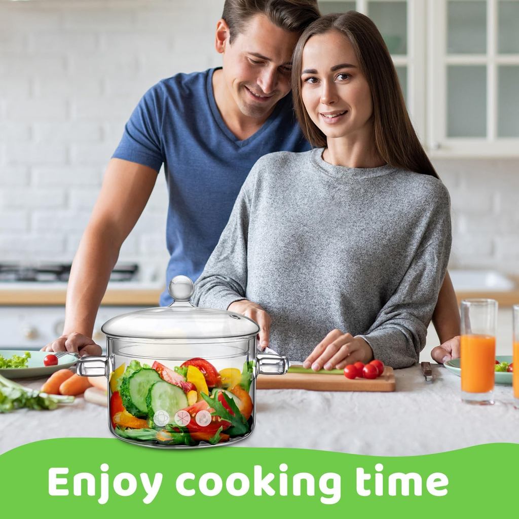 Glass Pots for Cooking on Stove, 1.5L/50oz Glass Cooking Pot with Lid, Heat-Resistant Simmer Pot for