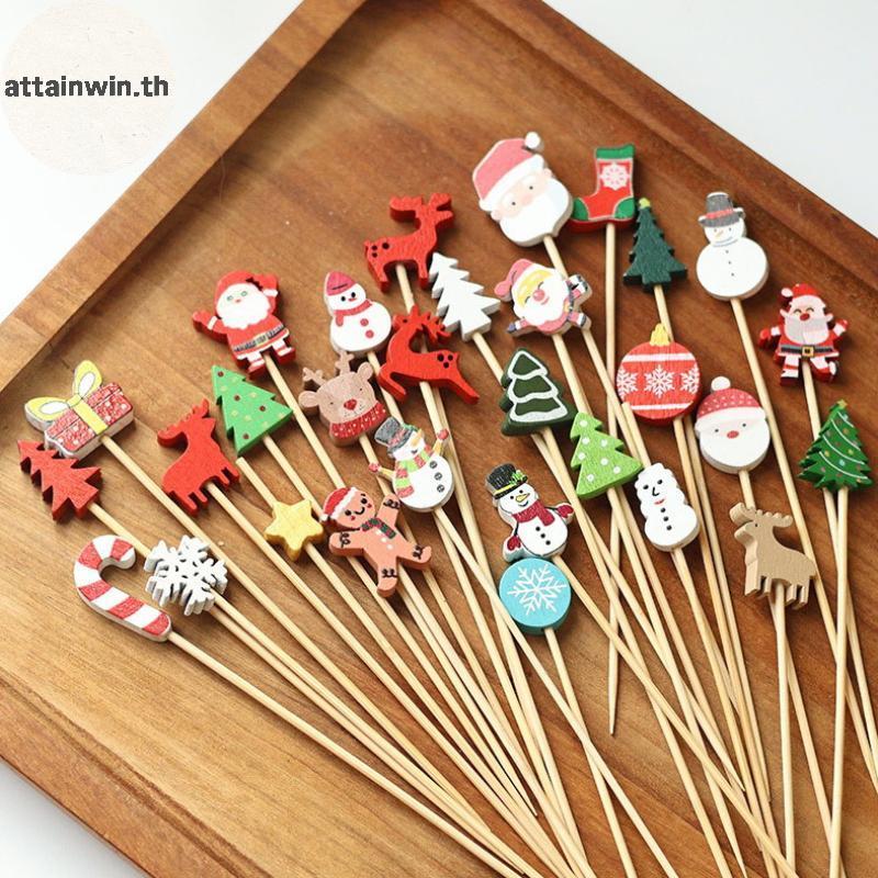 Attainwin 100 ชิ้น Festive Christmas Fruit Skewers พร้อมการออกแบบ Santa, Snowflake และต้นไม้ - ไม้เสียบไม้ไผ่แบบใช้แล้วทิ้งสําหรับงานปาร์ตี้, Desser th