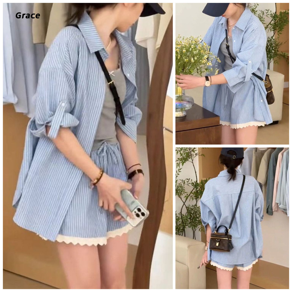 [Grace] (Ready Stock) สูทลายทางแฟชั่นเสื้อเชิ้ตลําลอง+กางเกงขาสั้นลูกไม้ชุดสูทสองชิ้น GRL243 #