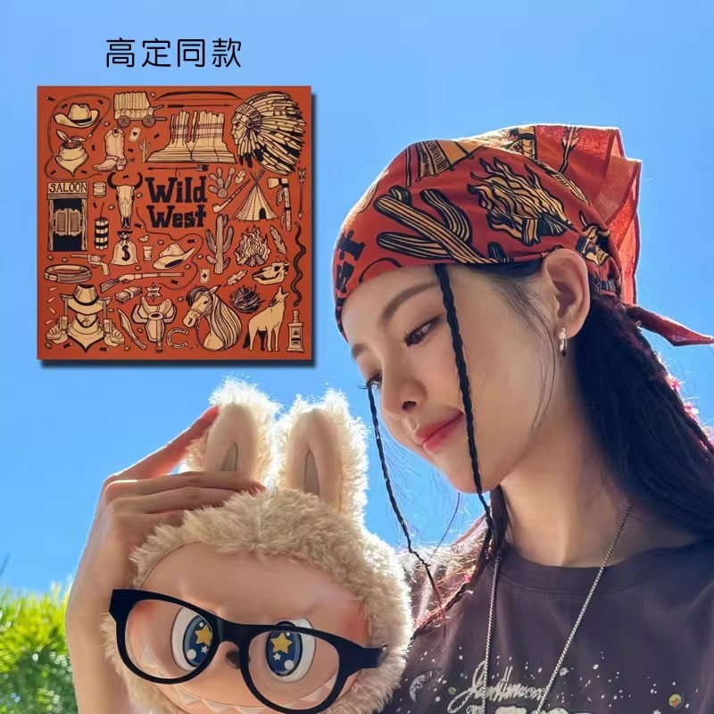 Yang Chaoyue สไตล์เดียวกัน American Retro Headscarf ผ้าพันคอสี่เหลี่ยมเล็กผ้าพันคอผ้าไหมแถบคาดศีรษะเ
