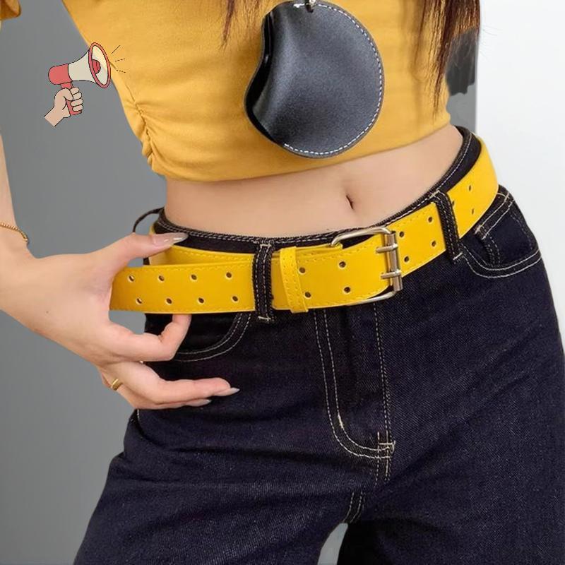 [MZ] ความรู้สึกการออกแบบกว้าง Y2K เข็มขัดสีเหลืองกระดุมสองแถวสําหรับผู้หญิงกับกระโปรงกางเกงยีนส์พร้อ