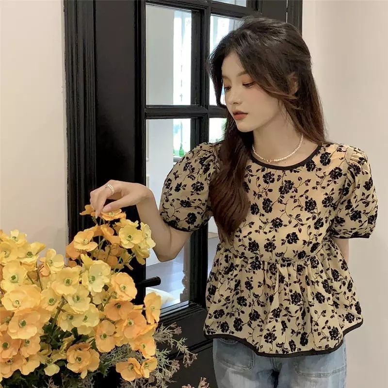 Chili Koko เสื้อเบลาส์แขนพอง ลายดอกไม้สไตล์ฝรั่งเศส ผูกหลัง W682 thumbnail 6