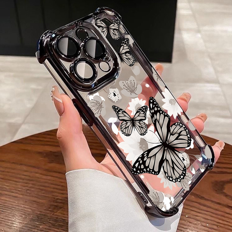 ผีเสื้อสีเข้ม Electroplated โปร่งใสเคสโทรศัพท์สําหรับ iPhone 17 16 15 14 Plus 13 12 11 Pro Max 17 Air ปกอ่อน