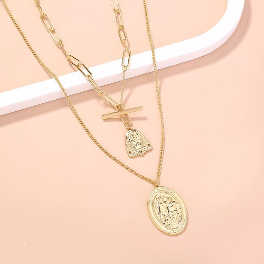 สร้อยคอภาพเหมือนชุบทอง-จี้เรขาคณิตรูปไข่แฟชั่นบุคลิกภาพโซ่สองชั้นอินเทรนด์อุปกรณ์เสริมของผู้หญิงสร้อ