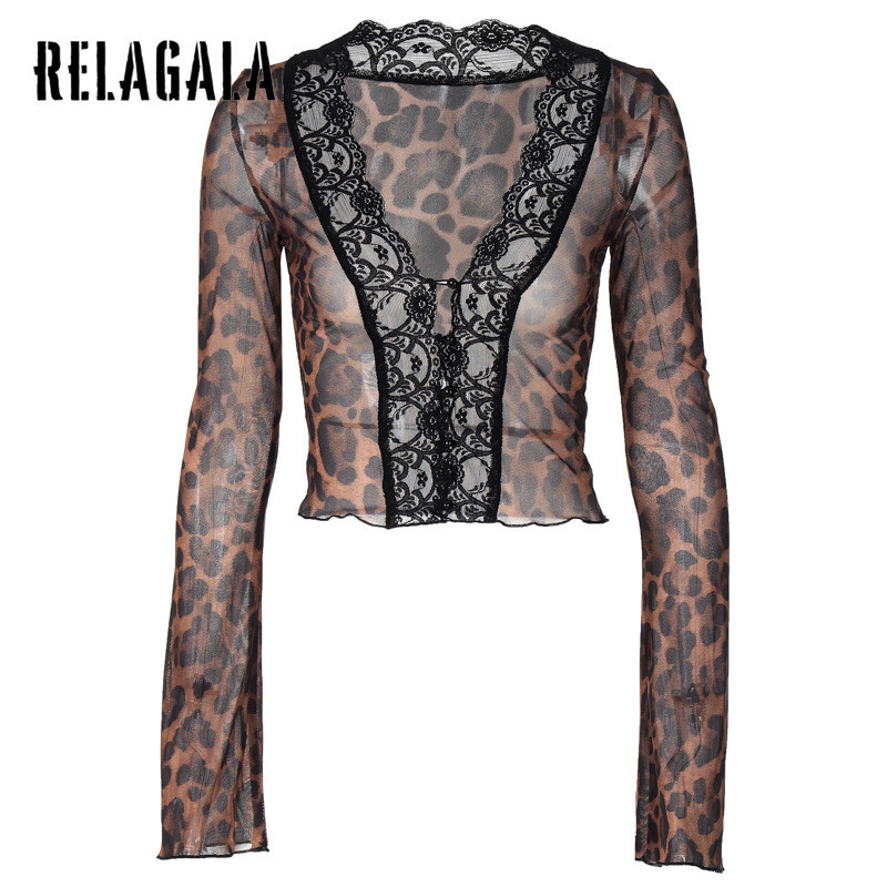 RELAGALA เสื้อเชิ้ตผู้หญิงใหม่ สไตล์เซ็กซี่ มีลายลูกไม้ เอวลึกและแขนยาว