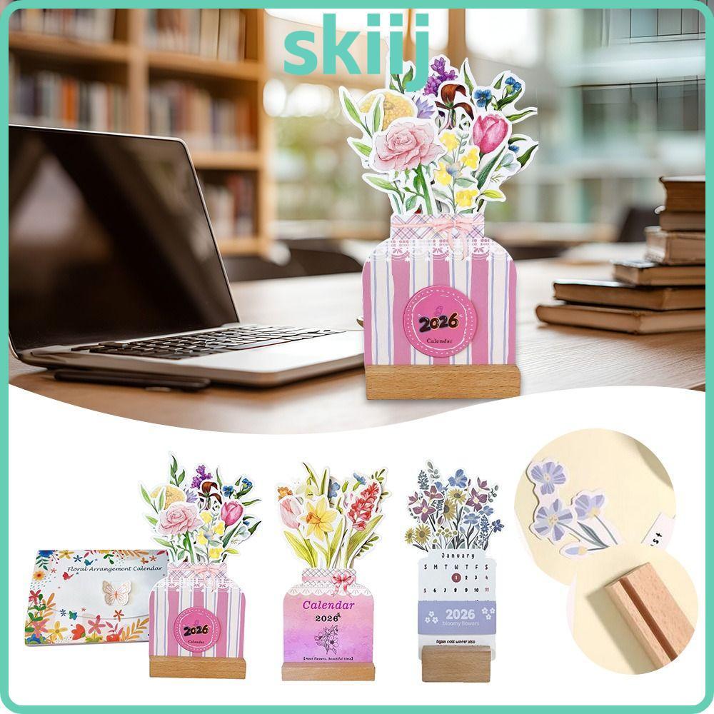 สกี ดอกไม้บานๆ ปฏิทินตั้งโต๊ะ, ฐานไม้ที่ถอดออกได้ฐานวางแผนรายเดือน, แจกันรูปวันที่แสดงธีมดอกไม้ดอกไม้ปฏิทินตั้งโต๊ะสําหรับตกแต่งโต๊ะ