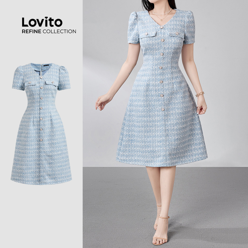 (Lovito Refine) เสื้อผ้าหรูหราปุ่มแต่งระบายชายกระโปรง ชุดเดรสสีฟ้าสำหรับฤดูใบไม้ผลิ/ฤดูร้อน LR18E204