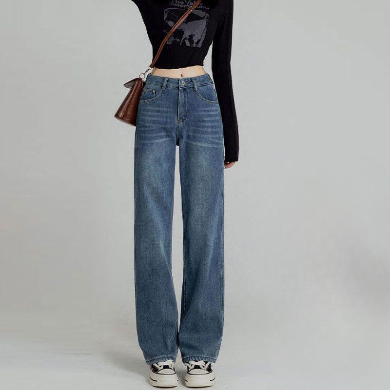 กางเกงยีนส์สีน้ำเงินเข้ม ดีไซน์กระเป่าหลังใหม่ล่าสุด ยีนส์สำหรับผู้หญิง เอวสูง หลวม ตรง ขากว้าง กางเกงยาวถึงพื้น - รูปที่ 5