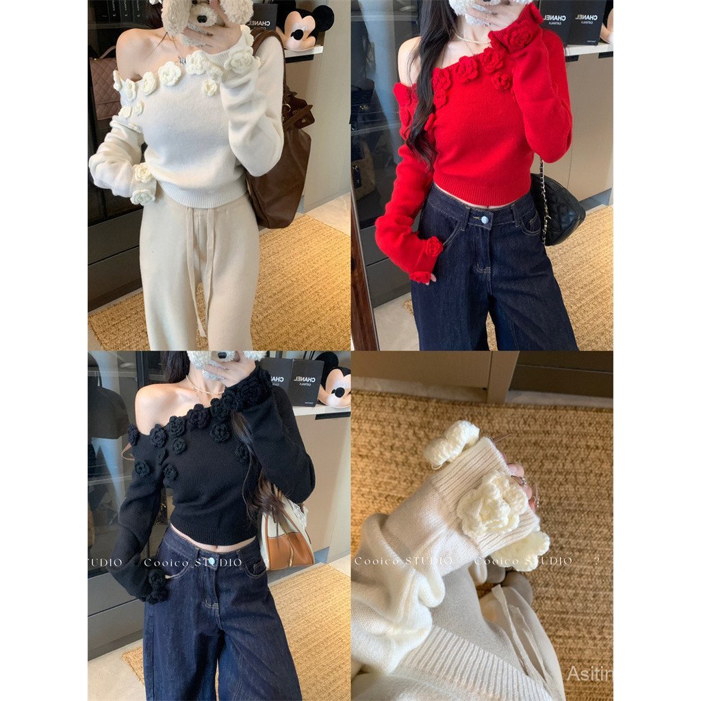 เสื้อกันหนาวผู้หญิงสีขาวยกระดับด้วยลายดอกไม้สามมิติ สวมใส่ง่ายแบบข้ามไหล่ เหมาะสำหรับฤดูหนาว