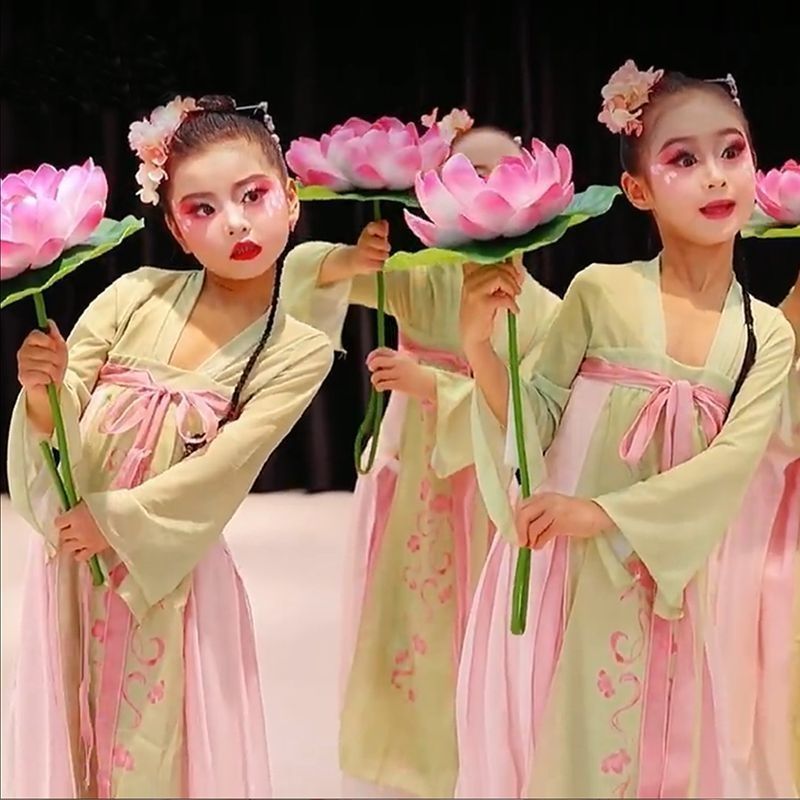 儿童 秋冬季新款亲和孩子莲叶间莲上春山花道具女童阳台服เด็กเต้นรําเครื่องแต่งกาย Hanfu ปลาเล่น Lotus Picking Leav niufa.my202511