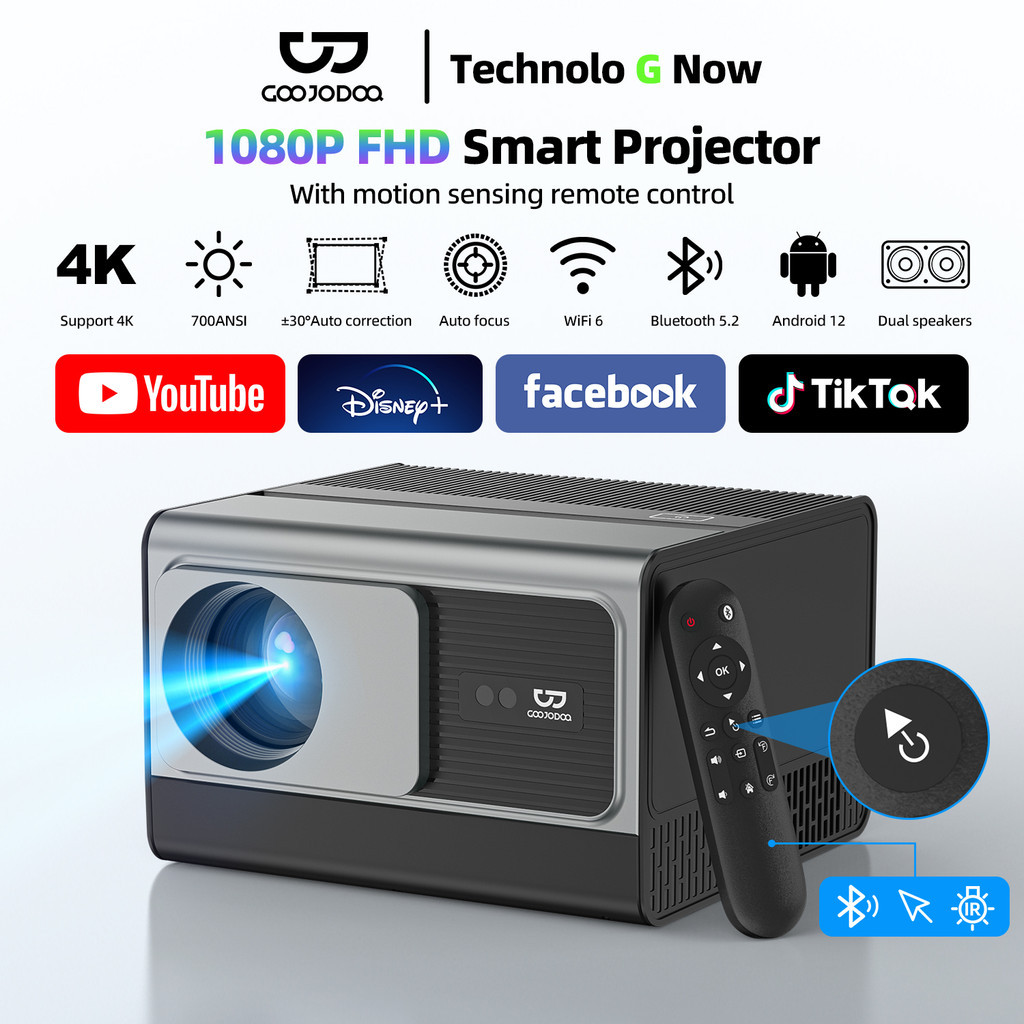 GOOJODOQ 1080P FHD Smart Projector Dual Speakers Motion Sensing Remote Closed Optical Engine