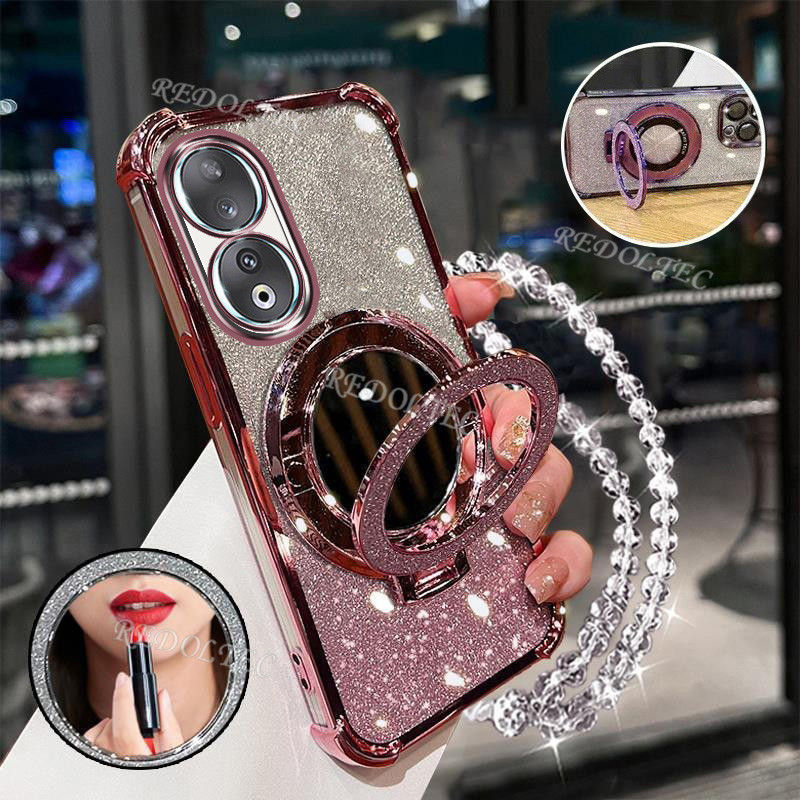 ZXCA กรณี Honor 90 90Lite 5G สี่มุมกันกระแทก Honor 90 Lite Honor90 Glitter เคสโทรศัพท์สไตล์ใหม่เลนส์รวมทุกอย่างหรูหรา High-End กระจกหญิงวงเล็บแม่เหล็ก Shock-resistant สร้อยข้อมือซิลิโคน