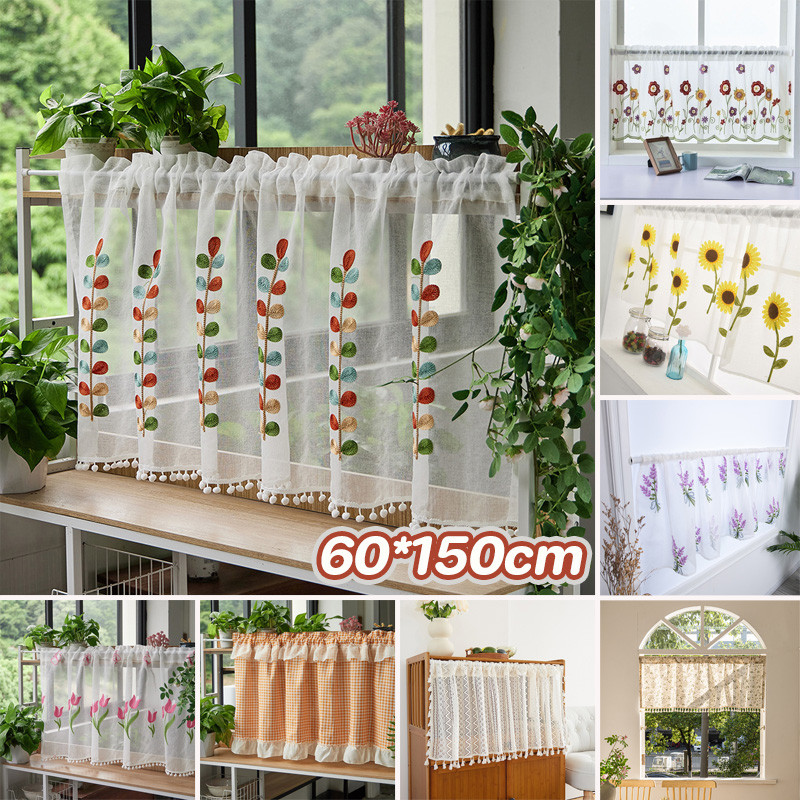 【COD】ผ้าม่านสั้น ลวดลายปัก ครึ่งหน้าต่าง วัสดุผ้ากอซ ผ้าม่านสีขาวตกแต่ง