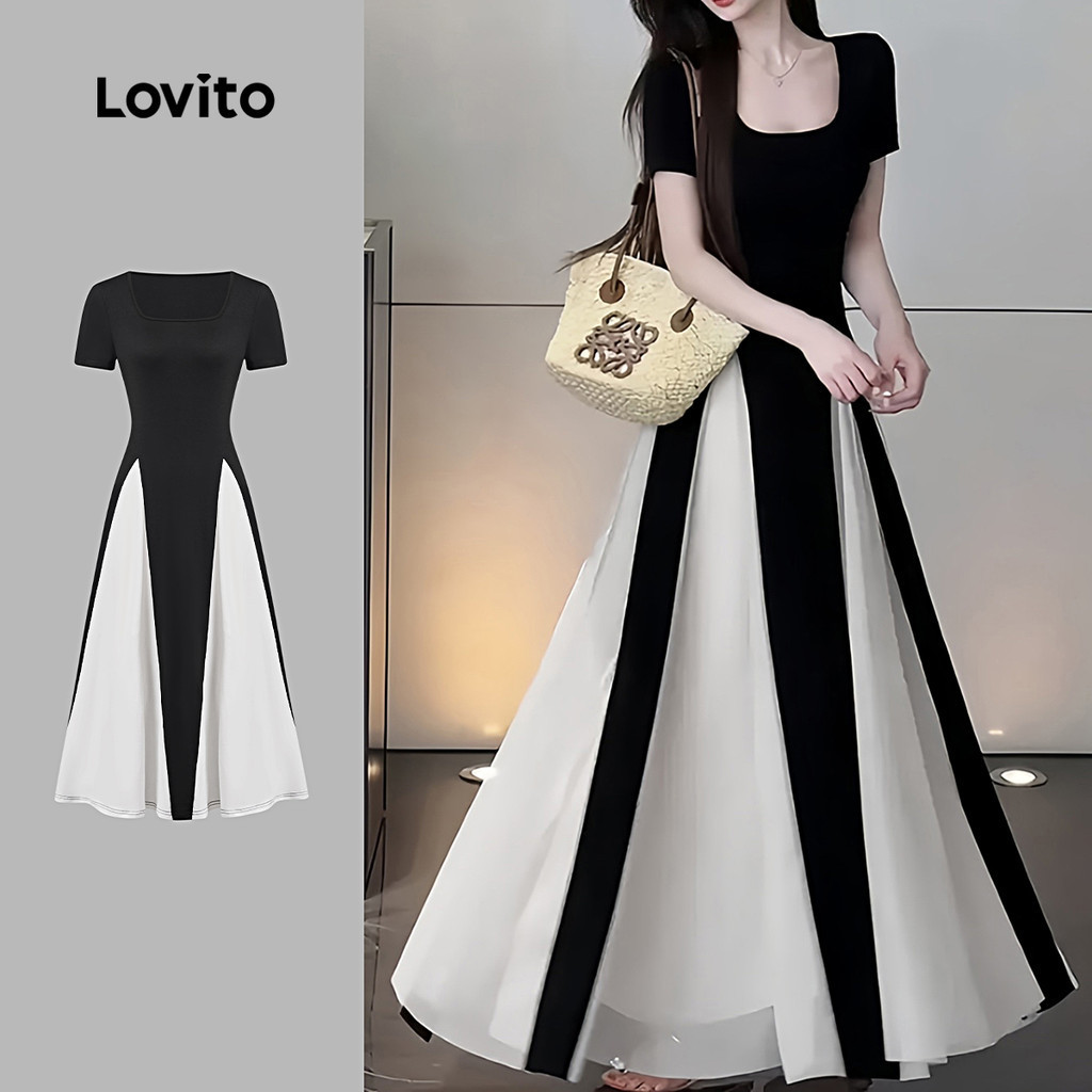 Lovito ชุดเดรสลําลองธรรมดา บล็อกสี ฤดูร้อนฤดูใบไม้ผลิสีดําและสีขาวสําหรับผู้หญิง L134ED542