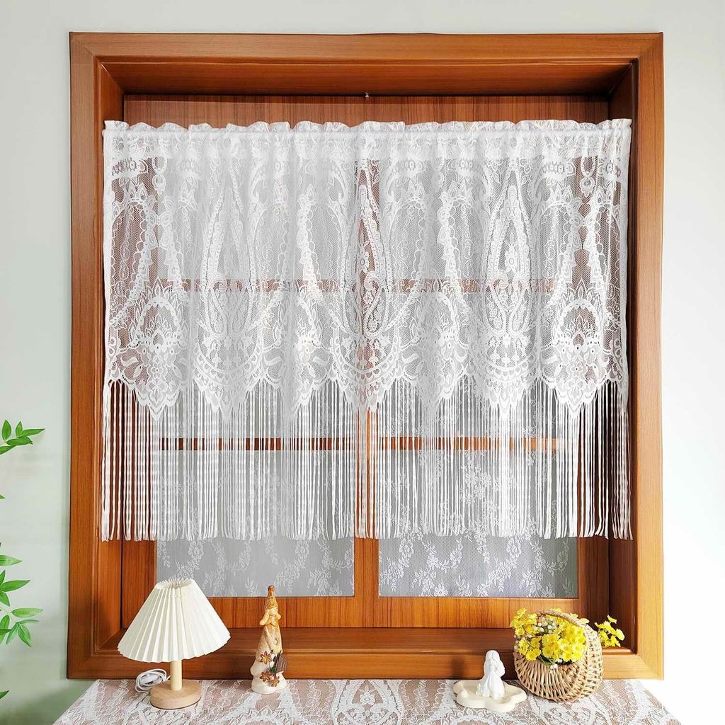 1 Panel French Floral Lace Sheer Curtains with Tassels for Small Windows White Kitchen Window Curtai