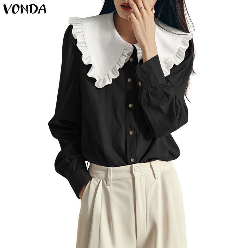 VONDA เสื้อแขนยาวทรงเอชสำหรับผู้หญิงสไตล์เกาหลี ออกแบบด้วยเทคนิกการปักผ้าและพิมพ์ลาย patchwork มีขอบ