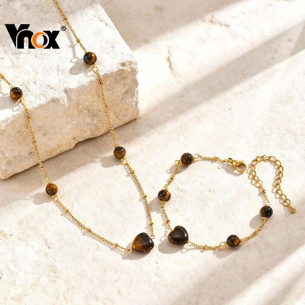 Vnox Heart Natural Stones Bracelet Necklace Set for Women Girl,Gold Stainless Steel Chain  Jewelry S