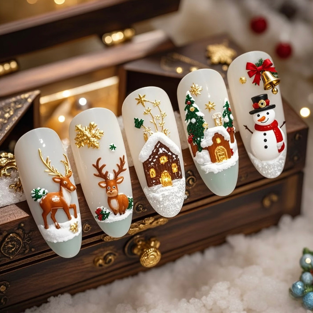 Christmas Snowman สวมเล็บ Cats Eye Almond-Shaped Nails Patch Nails ถอดออกได้20251128