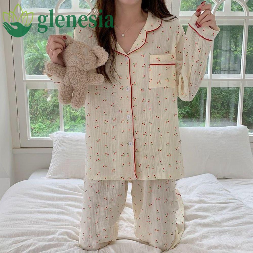 ชุดนอน womens pyjamas GLENESIA ลายเชอร์รี่ ระบายคอแบบลูกฟูก ชุดนอนสองชิ้น ใส่สบาย