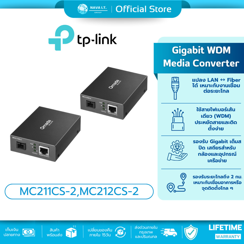 TP-Link MC211CS-2 / MC212CS-2 OMADA  อุปกรณ์แปลงสัญญาณเน็ตเวิร์ก Gigabit WDM Media Converter ประกันศ
