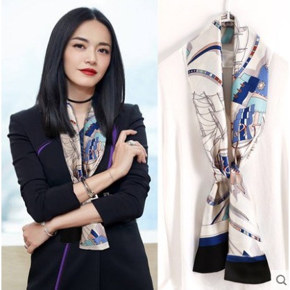 Yao Chen Su Mingyu สไตล์เดียวกันแถบยาวขนาดเล็กผ้าพันคอผ้าไหมบางผู้หญิงบางยาวสไตล์ All-Match ฤดูใบไม้