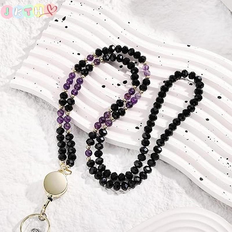 JKTH ใหม่หินธรรมชาติคริสตัลลูกปัด Lanyard Badge Reel สร้อยคอยาว Lanyard ครู Lanyard Badge ผู้ถือผู้ห