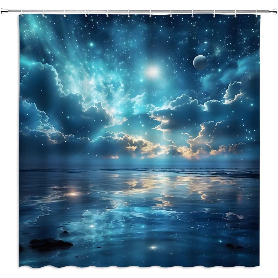 Blue Ocean ม่านอาบน้ําแฟนตาซี Night Sky Clouds ดาว Nautical Nature Seascape Moon Sea Waves Dreamy St
