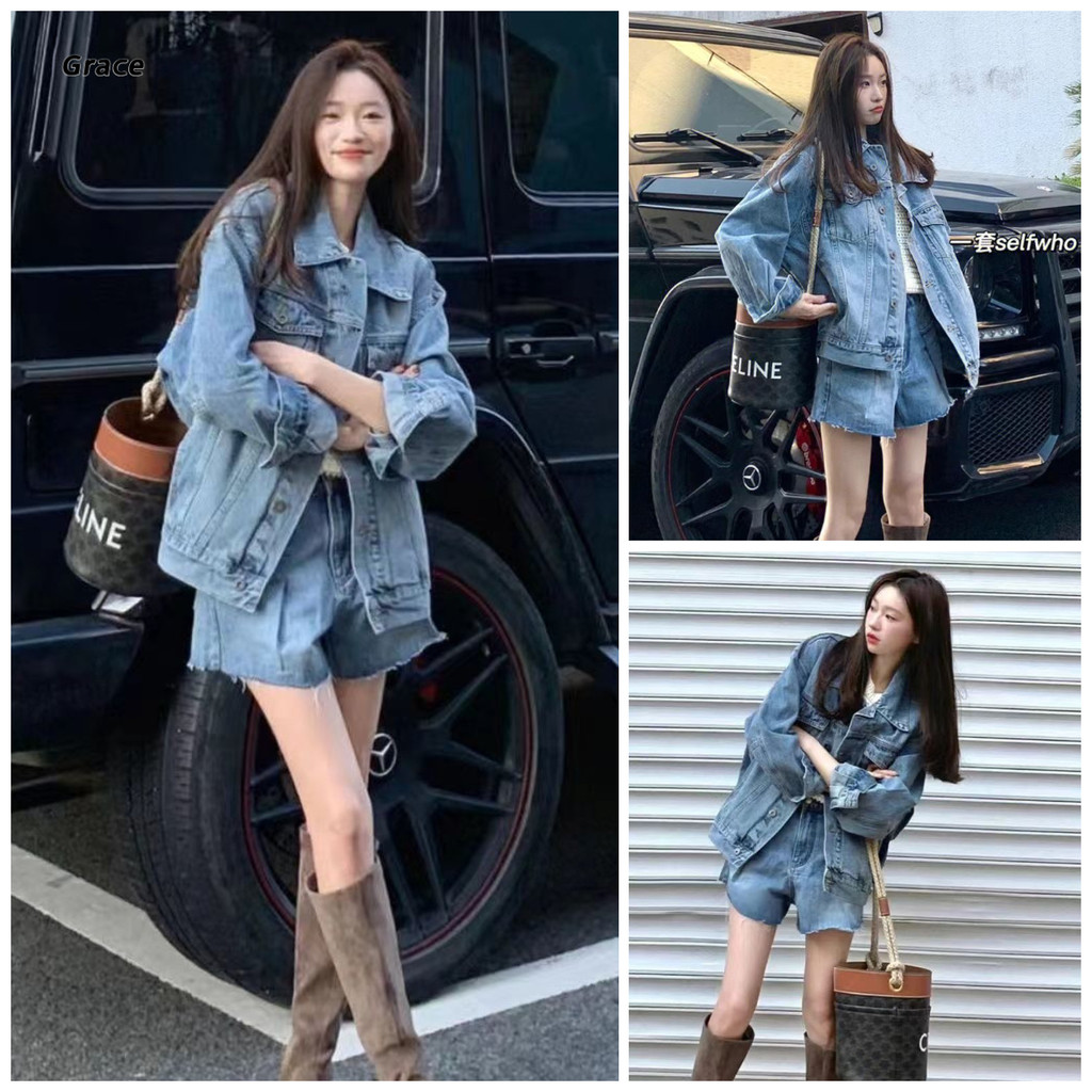 [Grace] ชุดสูทยีนส์สองชิ้นสำหรับผู้หญิง สไตล์ไฮเอนด์ จากแจ๊คเก็ตและกางเกงขาสั้น GRL501