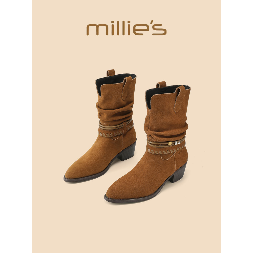 Millies Miaoli รองเท้าผู้หญิง Western Knight รองเท้า Frosted หนา Soled กลาง-หลอด Retro รองเท้าแฟชั่น