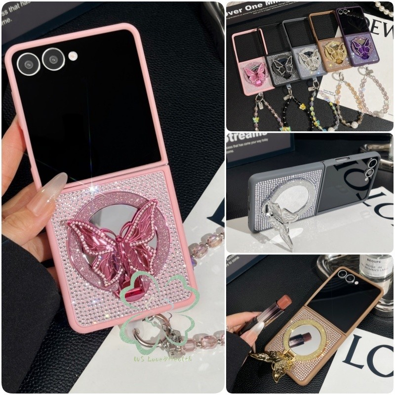 แฟชั่น Glitter Bling เคสโทรศัพท์สําหรับ Samsung Galaxy Z Flip 7 Z Flip 6 Z Flip 5 Flip 4/3 กระจกผีเสื้อวงเล็บสร้อยข้อมือปกหลัง