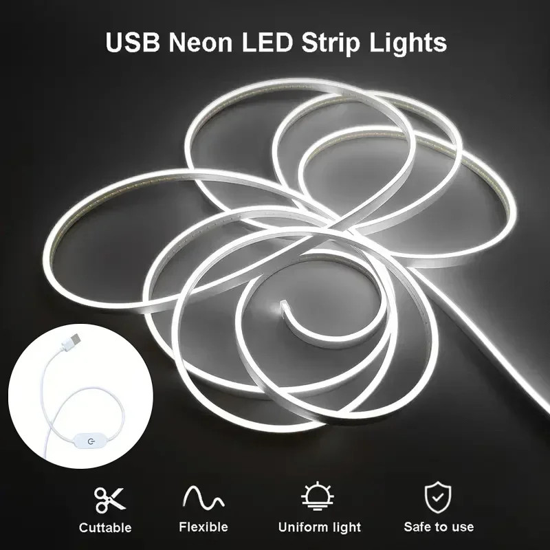 USB 5V LED Neon Light Strip Touch Sensor IP68 หรี่แสงได้ซิลิโคนนีออนป้ายเทปโคมไฟแบบยืดหยุ่นสําหรับ Backlight คอมพิวเตอร์ทีวี DIY Decor