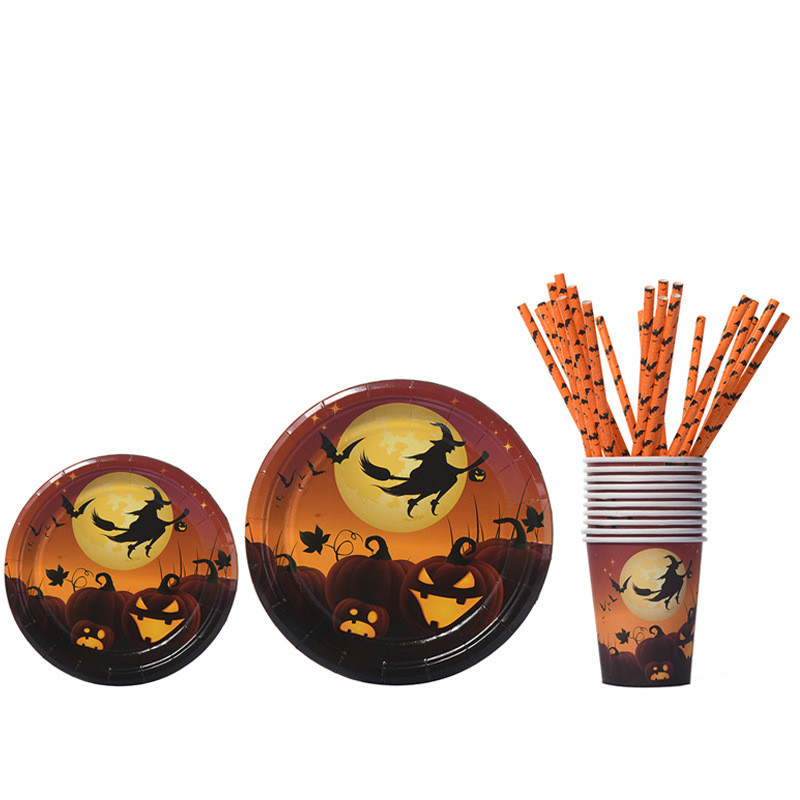 Hot Sale#Paper cups and plates for Halloween decorations Creative Spider Witch Pattern Disposable Pa