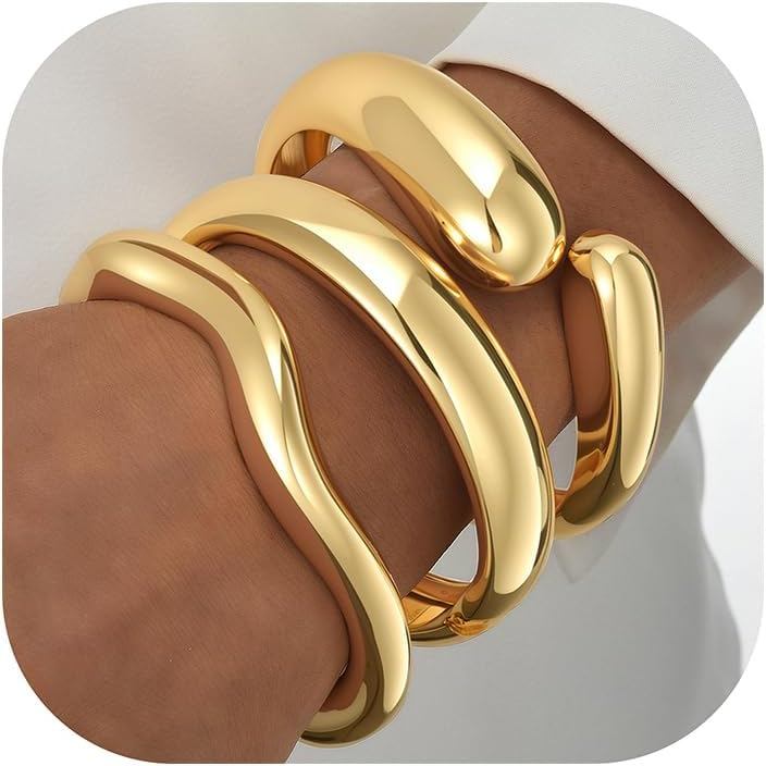 iF YOU Chunky Gold Bangle Bracelets for Women, 14k Gold Plated Multi Layer Stackable Cuff Bracelet S